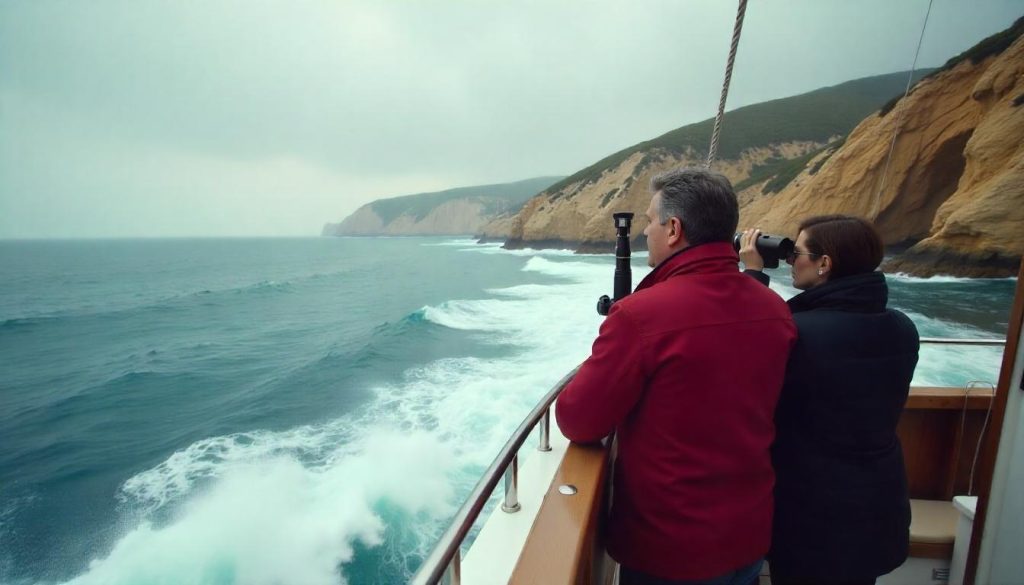 Jacht w Praia da Nazaré podczas sezonu żeglarskiego w Portugalii, z parą na pokładzie i gigantycznymi falami w tle.